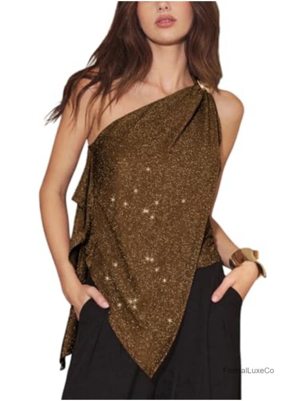 One Shoulder Asymmetrical Tank Top Glitter Metallic Blend Stretch Sleeveless